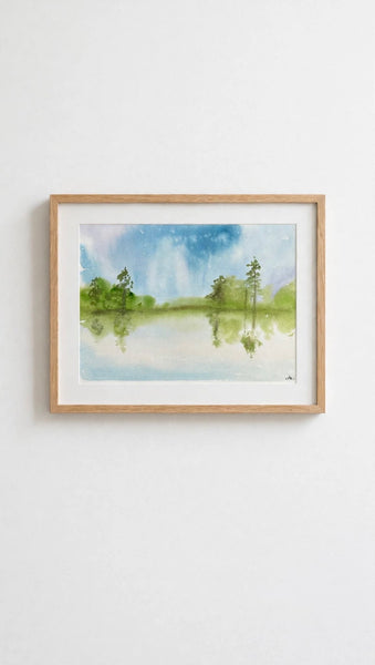 Watercolor Lake and Trees Landscape Painting