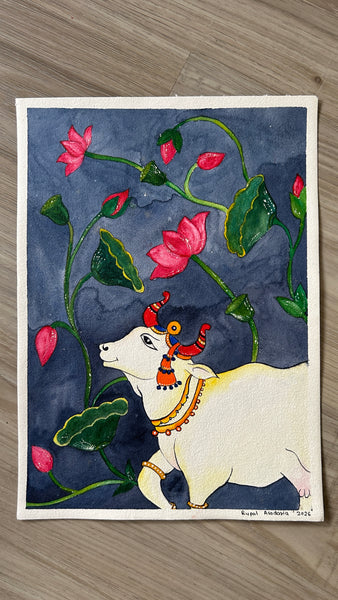 Divine Pichwai Cow and Lotus