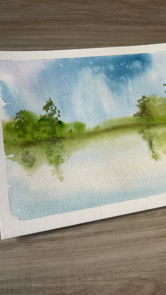 Watercolor Lake and Trees Landscape Painting