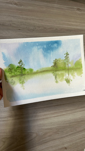 Watercolor Lake and Trees Landscape Painting