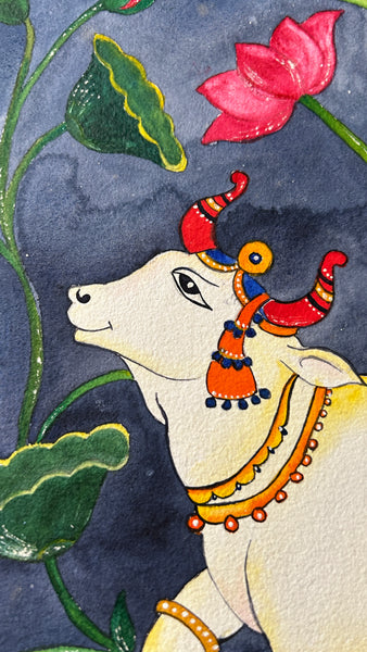 Divine Pichwai Cow and Lotus