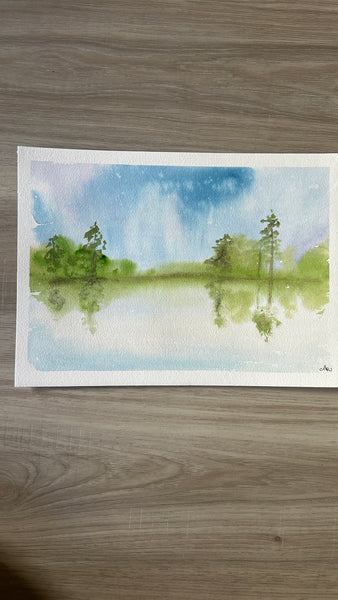 Watercolor Lake and Trees Landscape Painting