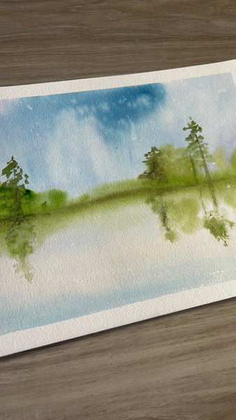 Watercolor Lake and Trees Landscape Painting