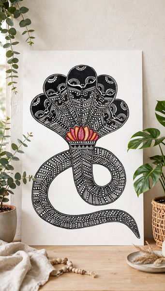 Panchmukhi Naag Madhubani Painting | Original Five-Headed Snake Art - Original Painting